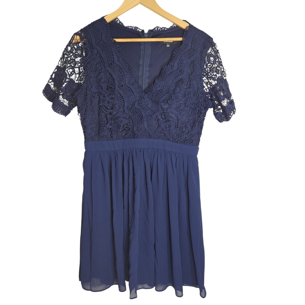Lulus Navy Blue Lace Chiffon V-Neck Fit and Flare Cocktail Mini Dress Womens L - Picture 2 of 6